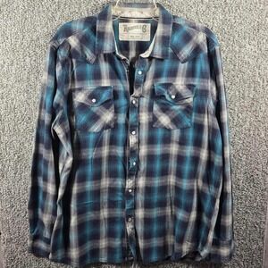 Roebuck & Co Plaid Long Sleeve Button Down Shirt Men's XL Beige Blue